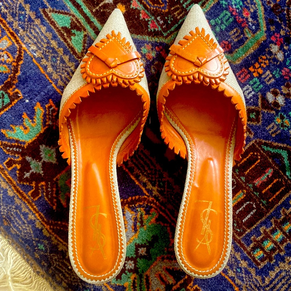 YSL kitten heels orange leather, and silk canvas
